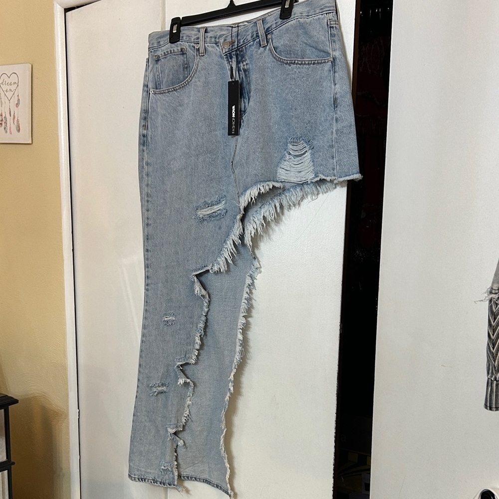 Fashion Nova Light Blue Asymmetrical Distressed Skirt